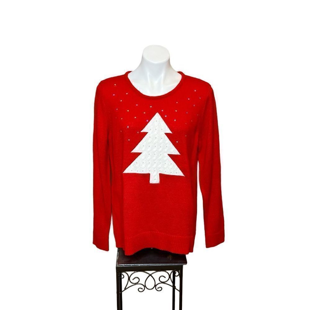 Croft & Barrow red crew neck Christmas sweater with white tree and pearls size L